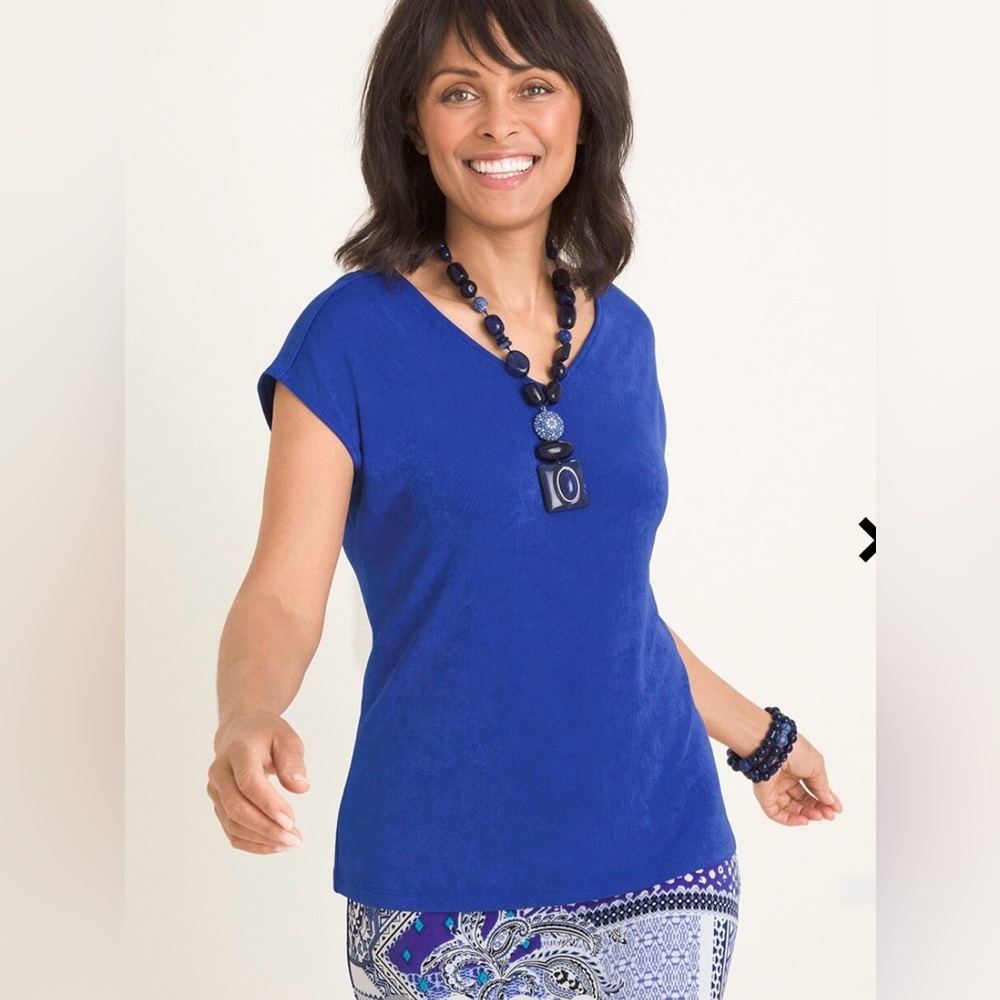 Chicos Travelers Classic Double V-Neck Tee Casual Classic Workwear- SZ 2 / 12-14